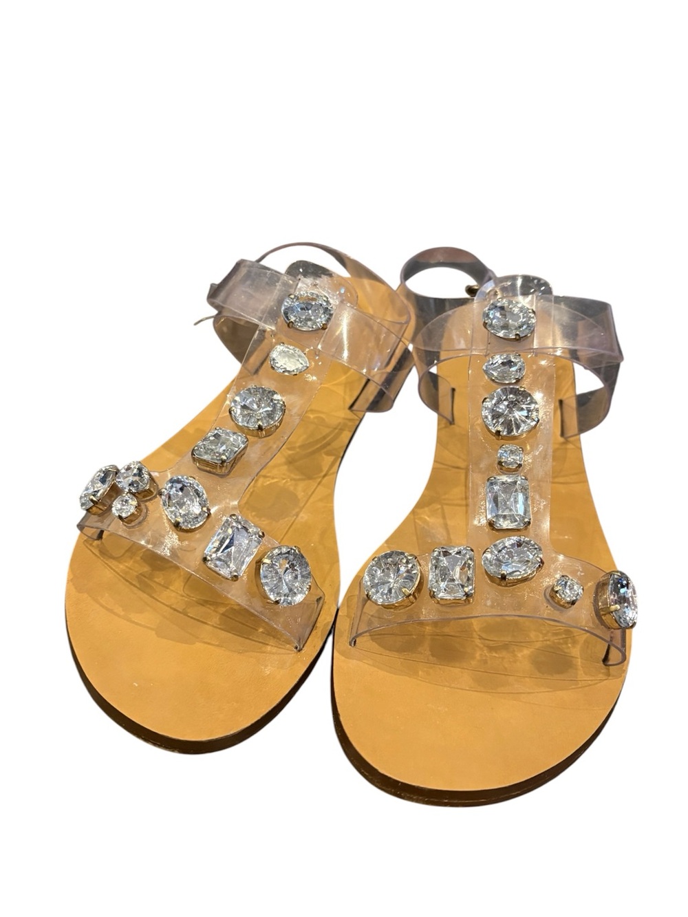 J Crew Clear Jeweled T-Strap Flat Sandals - Tan, size 7